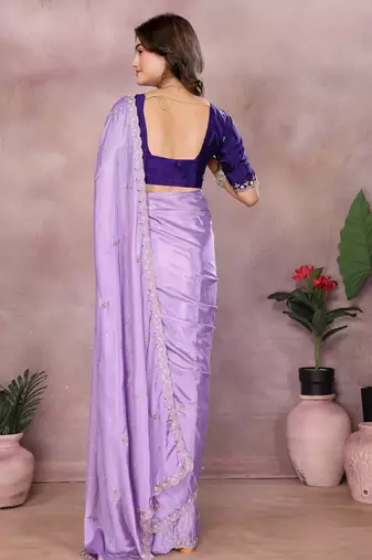 lavender embroidery chinon silk saree with blouse