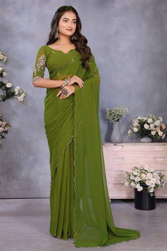 Olive georgette solid saree with embroidery work blouse piece