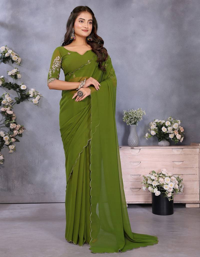 Olive georgette solid saree with embroidery work blouse piece