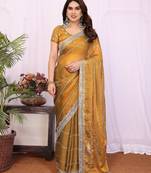 Gold chiffon sequence work saree with matching blouse piece