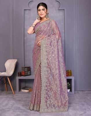 Lavender twill net embroidery work saree with matching blouse piece 3