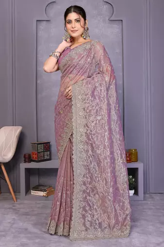 Lavender twill net embroidery work saree with matching blouse piece