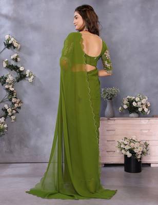 Olive georgette solid saree with embroidery work blouse piece 2
