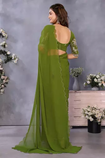 Olive georgette solid saree with embroidery work blouse piece