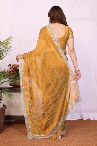 Gold chiffon sequence work saree with matching blouse piece