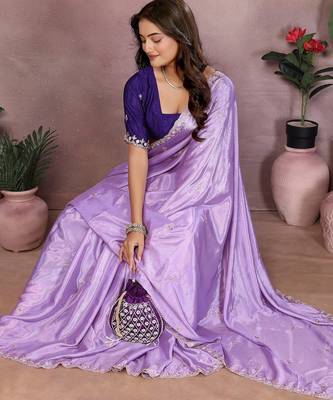 lavender embroidery chinon silk saree with blouse 4