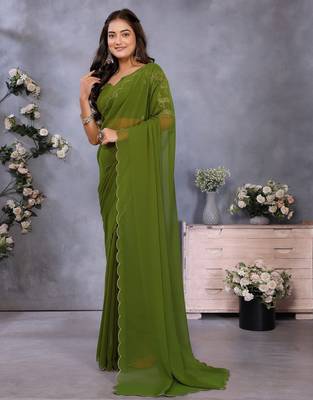 Olive georgette solid saree with embroidery work blouse piece 3