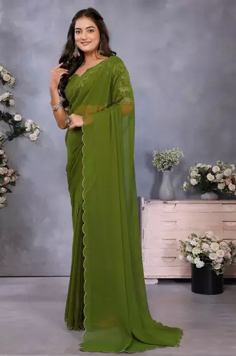 Olive georgette solid saree with embroidery work blouse piece