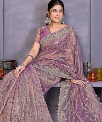Lavender twill net embroidery work saree with matching blouse piece 4