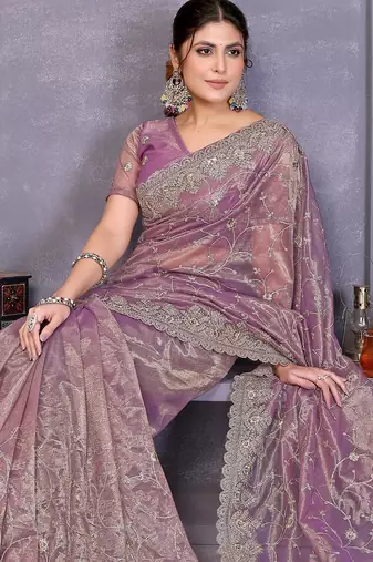 Lavender twill net embroidery work saree with matching blouse piece