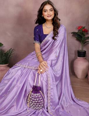 lavender embroidery chinon silk saree with blouse 5