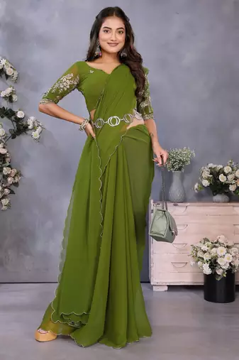 Olive georgette solid saree with embroidery work blouse piece