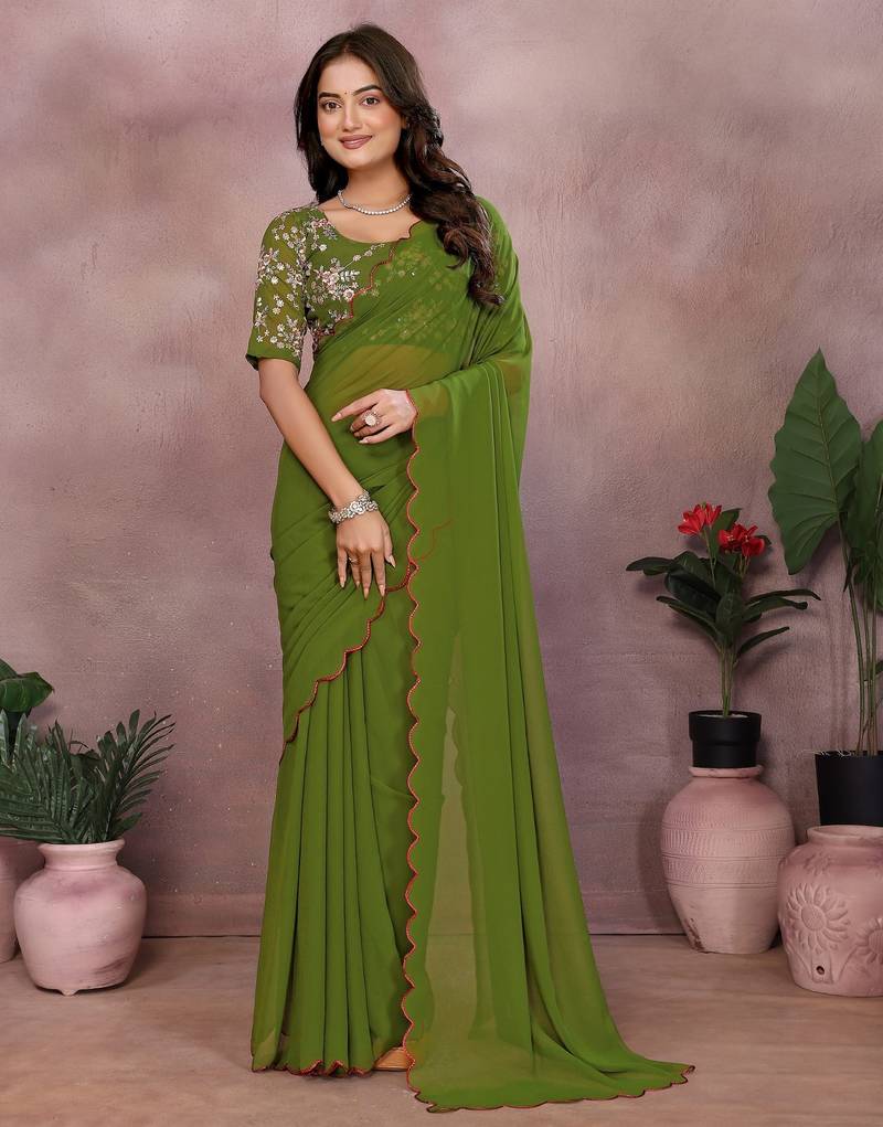 Green georgette solid saree with embroidery work blouse piece
