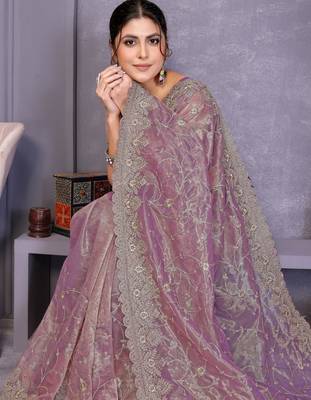 Lavender twill net embroidery work saree with matching blouse piece 5