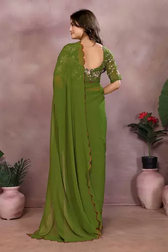 Green georgette solid saree with embroidery work blouse piece
