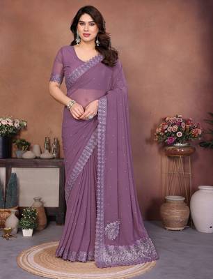 Lavender georgette embroiderd lace work saree with matching blouse piece 1
