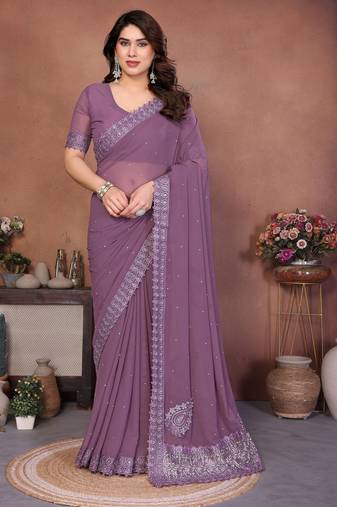 Lavender georgette embroiderd lace work saree with matching blouse piece