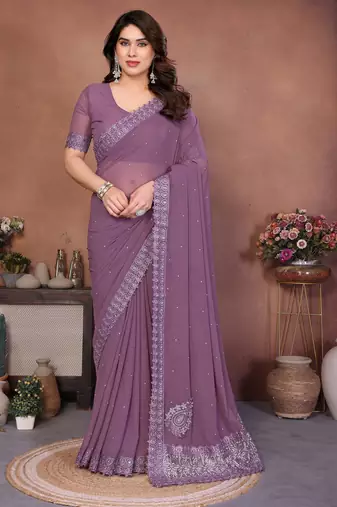 Lavender georgette embroiderd lace work saree with matching blouse piece