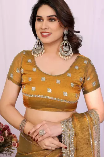 Gold chiffon sequence work saree with matching blouse piece