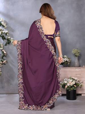 Purple soft satin saree with embroidered border and matching blouse piece 3