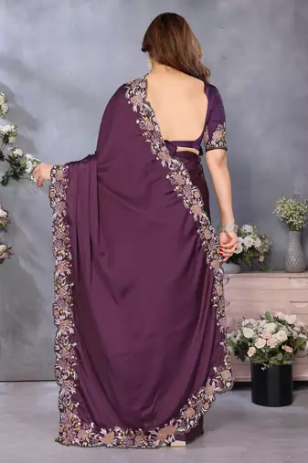 purple embroidered satin saree with blouse