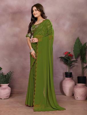 green embroidery georgette solid saree with blouse 3