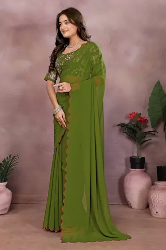 Green georgette solid saree with embroidery work blouse piece