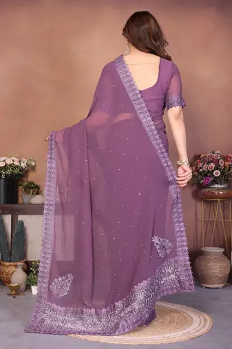 Lavender georgette embroiderd lace work saree with matching blouse piece