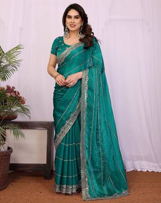 Teal chiffon sequence work saree with matching blouse piece 1