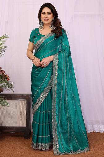Teal chiffon sequence work saree with matching blouse piece