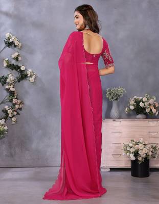 Pink georgette solid saree with embroidery work blouse piece 2