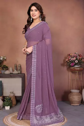 Lavender georgette embroiderd lace work saree with matching blouse piece
