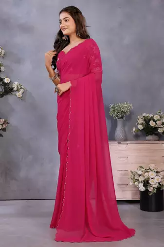 Pink georgette solid saree with embroidery work blouse piece