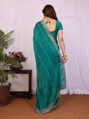 Teal chiffon sequence work saree with matching blouse piece 2