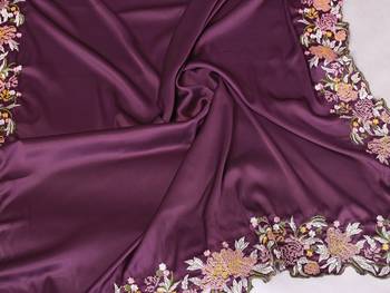 Purple soft satin saree with embroidered border and matching blouse piece 5