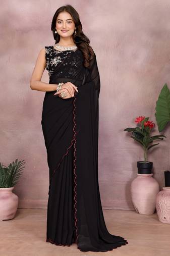 Black georgette solid saree with embroidery work blouse piece