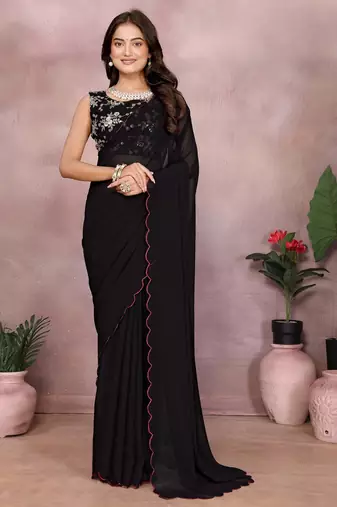Black georgette solid saree with embroidery work blouse piece