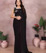 Black georgette solid saree with embroidery work blouse piece