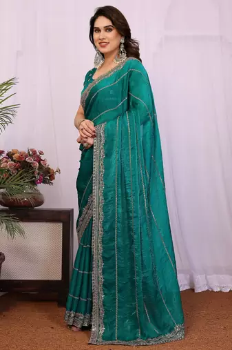 Teal chiffon sequence work saree with matching blouse piece