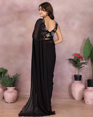 Black georgette solid saree with embroidery work blouse piece 2