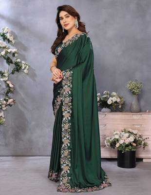 green embroidered soft satin saree with blouse 2