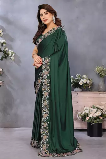 Green soft satin saree with embroidered border and matching blouse piece