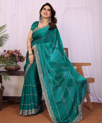 Teal chiffon sequence work saree with matching blouse piece 4