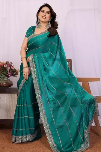Teal chiffon sequence work saree with matching blouse piece