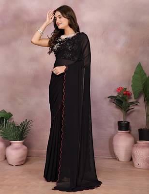 Black georgette solid saree with embroidery work blouse piece 3