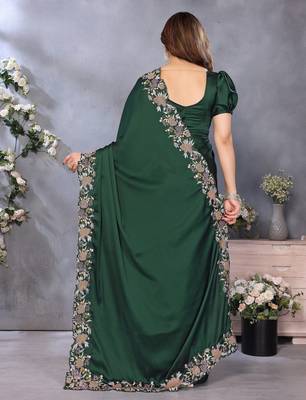 green embroidered soft satin saree with blouse 3