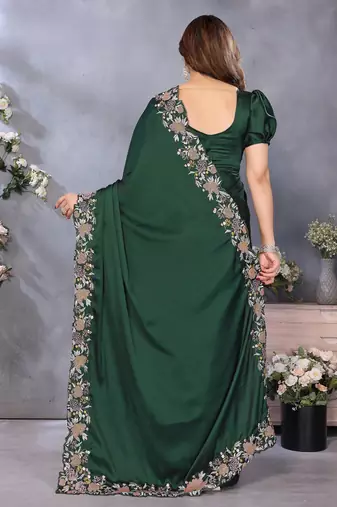 Green soft satin saree with embroidered border and matching blouse piece