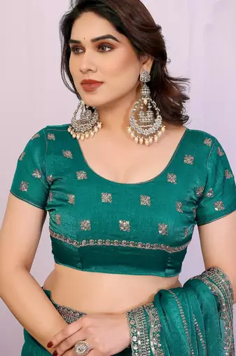 Teal chiffon sequence work saree with matching blouse piece