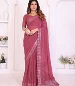 Pink georgette embroiderd lace work saree with matching blouse piece