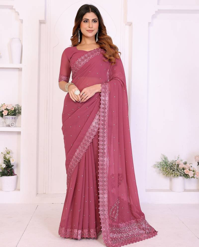 Pink georgette embroiderd lace work saree with matching blouse piece
